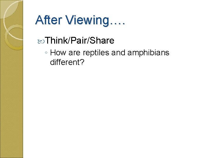 After Viewing…. Think/Pair/Share ◦ How are reptiles and amphibians different? 