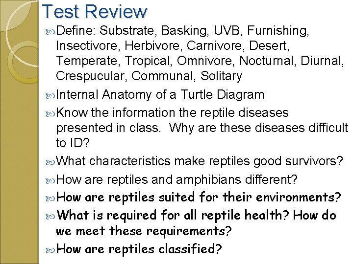 Test Review Define: Substrate, Basking, UVB, Furnishing, Insectivore, Herbivore, Carnivore, Desert, Temperate, Tropical, Omnivore,