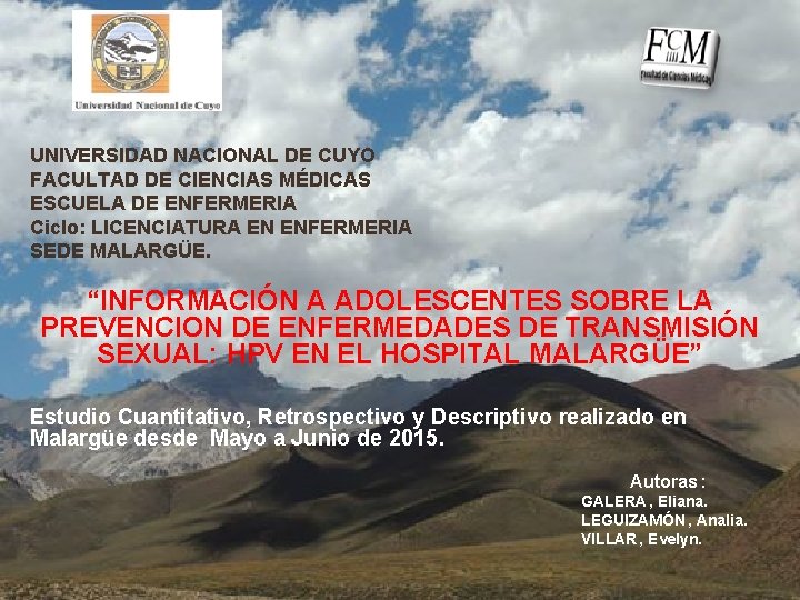 UNIVERSIDAD NACIONAL DE CUYO FACULTAD DE CIENCIAS MÉDICAS ESCUELA DE ENFERMERIA Ciclo: LICENCIATURA EN