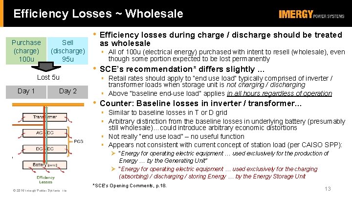 Efficiency Losses ~ Wholesale Purchase (charge) 100 u Sell (discharge) 95 u Lost 5