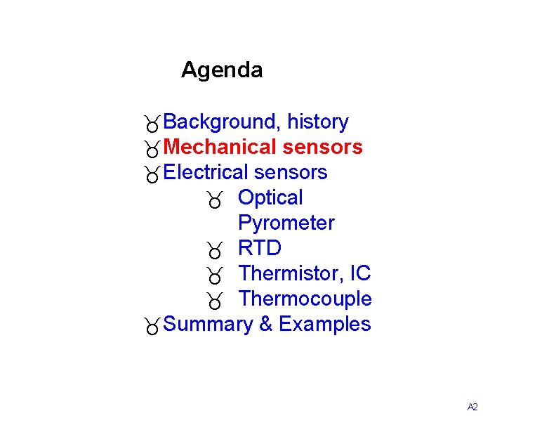 Agenda _Background, history _Mechanical sensors _Electrical sensors _ Optical Pyrometer _ RTD _ Thermistor,