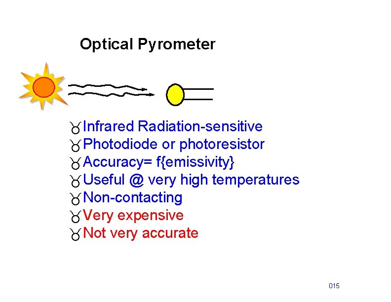 Optical Pyrometer _Infrared Radiation-sensitive _Photodiode or photoresistor _Accuracy= f{emissivity} _Useful @ very high temperatures