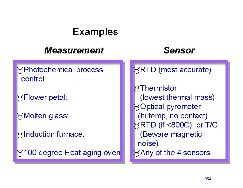 Examples Measurement _Photochemical process Sensor _RTD (most accurate) control: _Thermistor _Flower petal: _Molten glass: