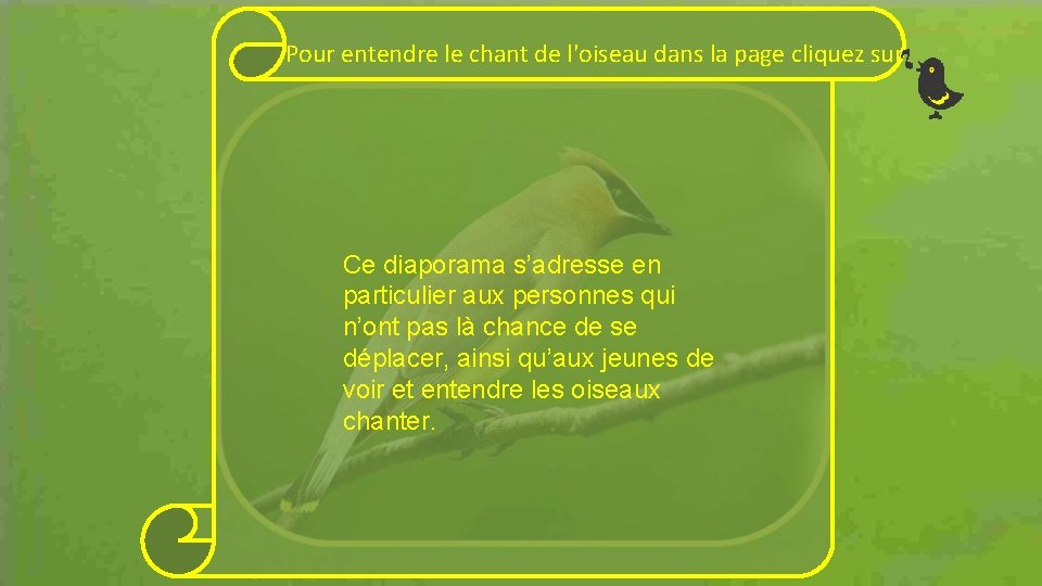 Pour entendre le chant de l'oiseau dans la page cliquez sur Ce diaporama s’adresse
