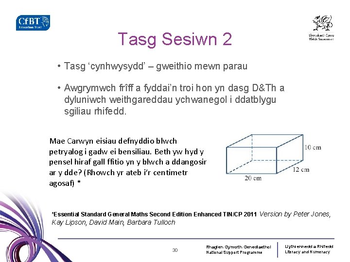 Tasg Sesiwn 2 • Tasg ‘cynhwysydd’ – gweithio mewn parau • Awgrymwch frîff a