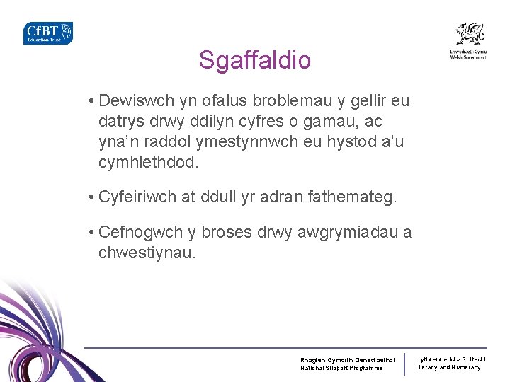 Sgaffaldio • Dewiswch yn ofalus broblemau y gellir eu datrys drwy ddilyn cyfres o