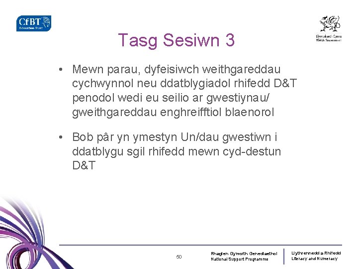 Tasg Sesiwn 3 • Mewn parau, dyfeisiwch weithgareddau cychwynnol neu ddatblygiadol rhifedd D&T penodol