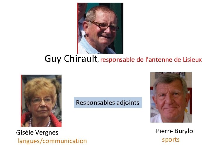 Guy Chirault, responsable de l’antenne de Lisieux Responsables adjoints Gisèle Vergnes langues/communication Pierre Burylo