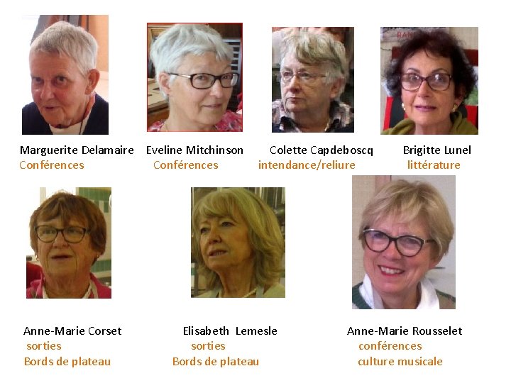 Marguerite Delamaire Eveline Mitchinson Conférences Anne-Marie Corset sorties Bords de plateau Colette Capdeboscq intendance/reliure