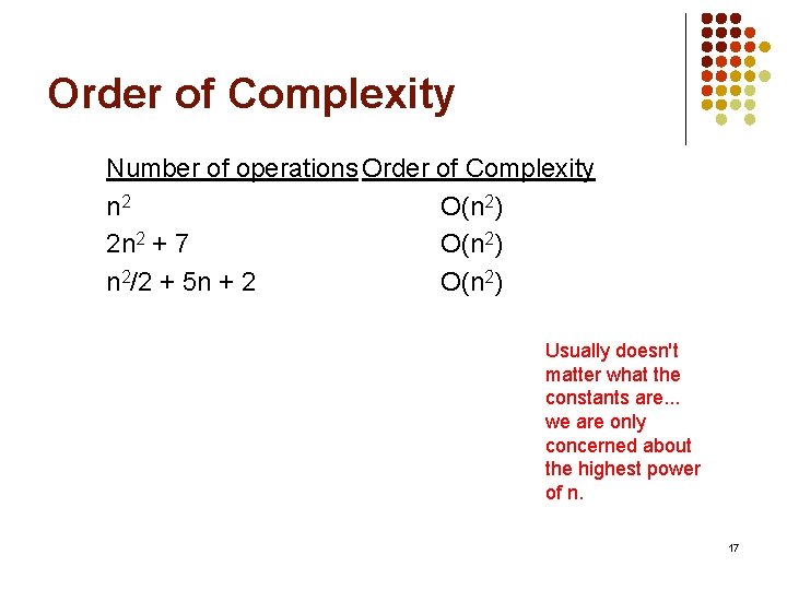 Order of Complexity Number of operations Order of Complexity n 2 O(n 2) 2