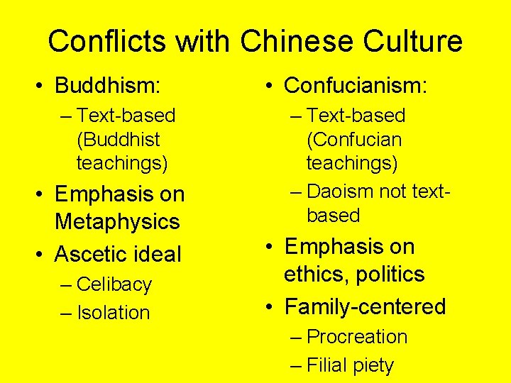 Conflicts with Chinese Culture • Buddhism: – Text-based (Buddhist teachings) • Emphasis on Metaphysics