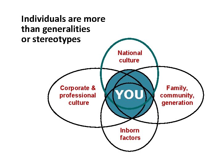 Individuals are more than generalities or stereotypes National culture Corporate & professional culture YOU