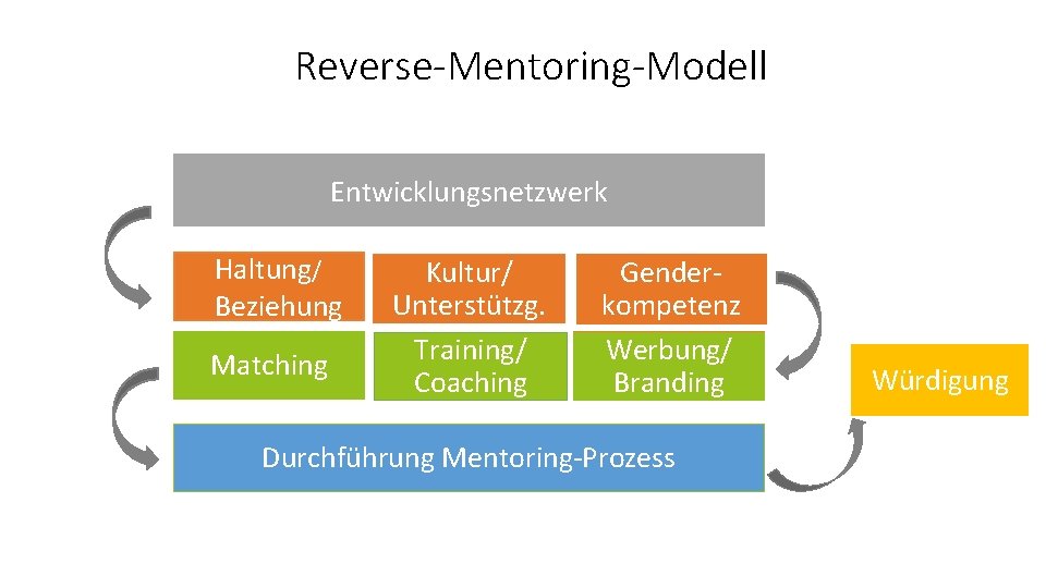 Reverse-Mentoring-Modell Entwicklungsnetzwerk Haltung/ Beziehung Matching Kultur/ Unterstützg. Training/ Coaching Genderkompetenz Werbung/ Branding Durchführung Mentoring-Prozess