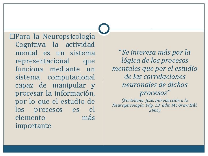 �Para la Neuropsicología Cognitiva la actividad mental es un sistema representacional que funciona mediante