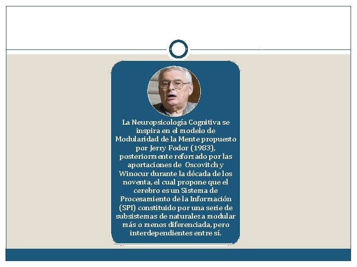 La Neuropsicología Cognitiva se inspira en el modelo de Modularidad de la Mente propuesto La Neuropsicología Cognitiva se inspira en el modelo de Modularidad de la Mente propuesto