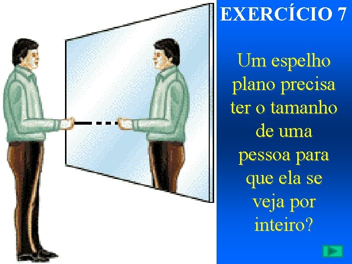 EXERCÍCIO 7 Um espelho plano precisa ter o tamanho de uma pessoa para que EXERCÍCIO 7 Um espelho plano precisa ter o tamanho de uma pessoa para que