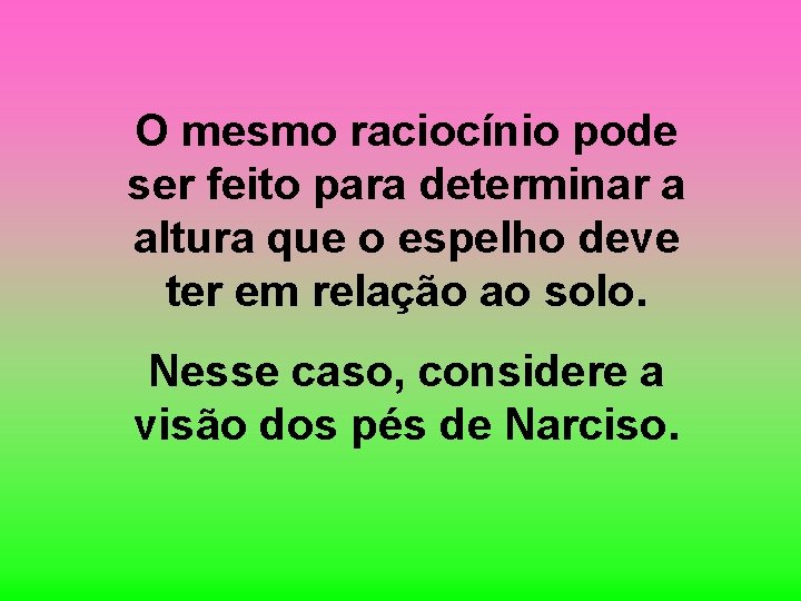 O mesmo raciocínio pode ser feito para determinar a altura que o espelho deve O mesmo raciocínio pode ser feito para determinar a altura que o espelho deve