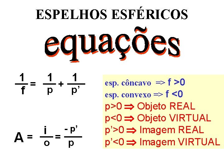 ESPELHOS ESFÉRICOS 1 1 1 = + p p’ f A= i o = ESPELHOS ESFÉRICOS 1 1 1 = + p p’ f A= i o =