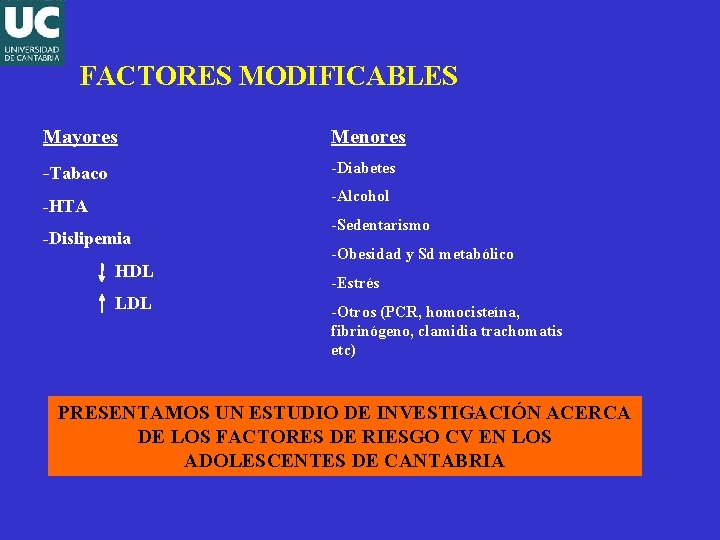 FACTORES MODIFICABLES Mayores Menores -Tabaco -Diabetes -Alcohol -HTA -Dislipemia HDL LDL -Sedentarismo -Obesidad y