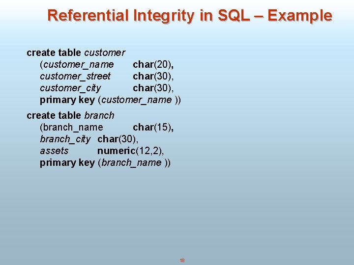 Referential Integrity in SQL – Example create table customer (customer_name char(20), customer_street char(30), customer_city