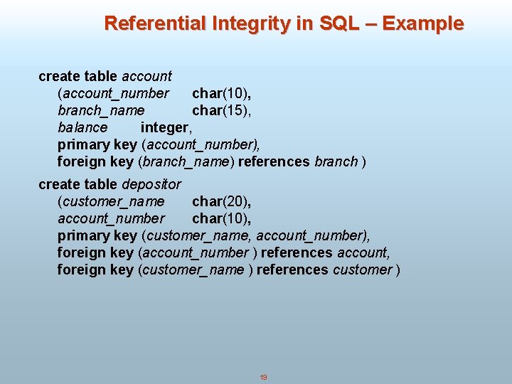 Referential Integrity in SQL – Example create table account (account_number char(10), branch_name char(15), balance