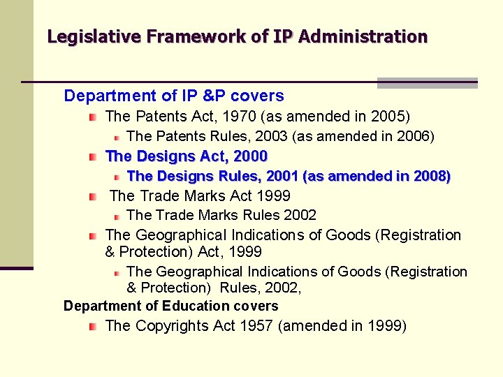 Legislative Framework of IP Administration Department of IP &P covers The Patents Act, 1970