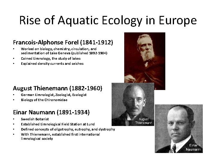 Rise of Aquatic Ecology in Europe Francois-Alphonse Forel (1841 -1912) • • • Worked