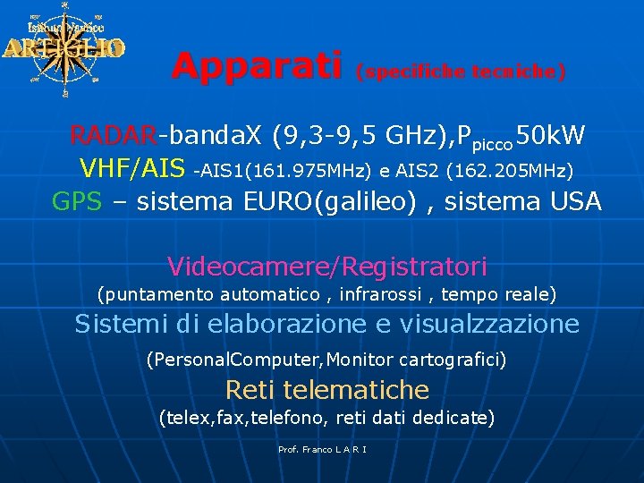 Apparati (specifiche tecniche) RADAR-banda. X (9, 3 -9, 5 GHz), Ppicco 50 k. W