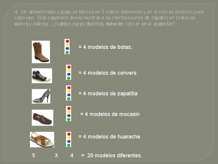 4. Un determinado zapato se fabrica en 5 estilos diferentes y en 4 colores