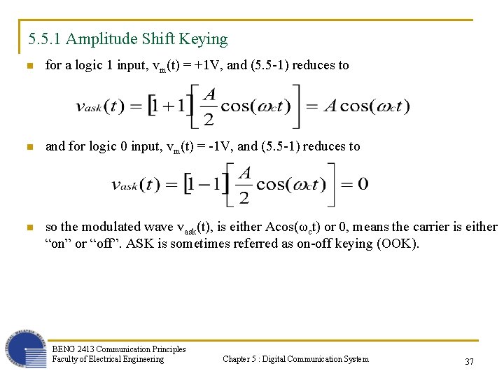 5. 5. 1 Amplitude Shift Keying n for a logic 1 input, vm(t) =