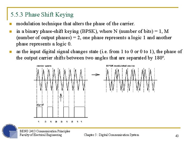 5. 5. 3 Phase Shift Keying n n n modulation technique that alters the