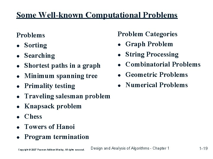 Some Well-known Computational Problems Problem Categories Problems ● Graph Problem ● Sorting ● String