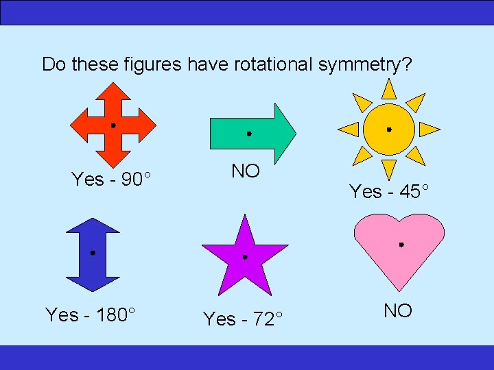 www. numeracysoftware. com Do these figures have rotational symmetry? Yes - 90° Yes -