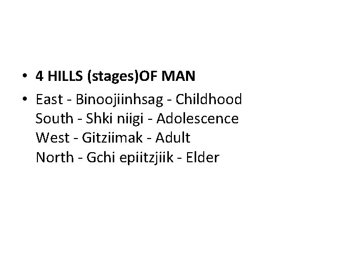  • 4 HILLS (stages)OF MAN • East - Binoojiinhsag - Childhood South -
