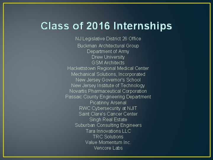 Class of 2016 Internships NJ Legislative District 26 Office Buckman Architectural Group Department of Class of 2016 Internships NJ Legislative District 26 Office Buckman Architectural Group Department of