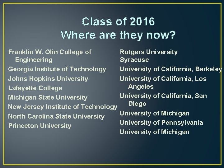 Class of 2016 Where are they now? Franklin W. Olin College of Engineering Georgia Class of 2016 Where are they now? Franklin W. Olin College of Engineering Georgia