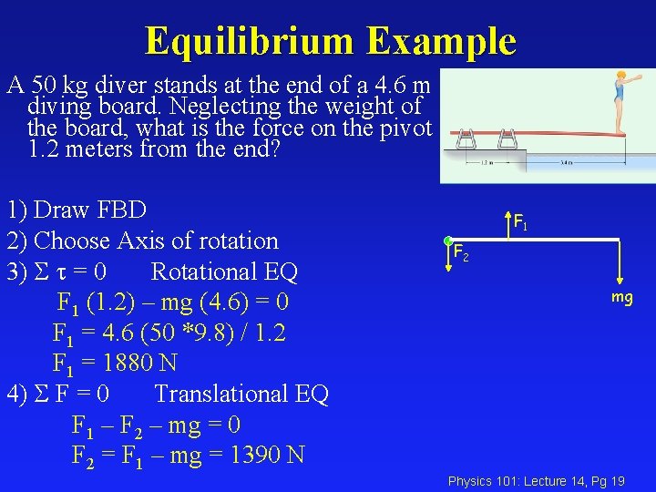 Equilibrium Example A 50 kg diver stands at the end of a 4. 6