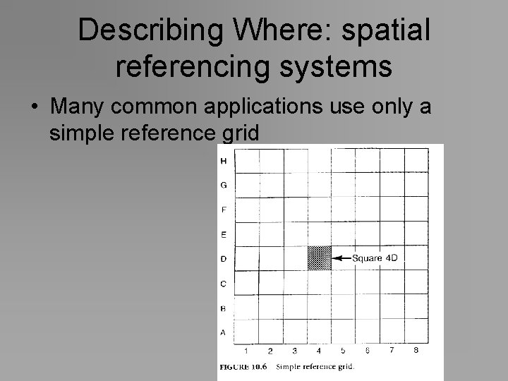 Describing Where: spatial referencing systems • Many common applications use only a simple reference