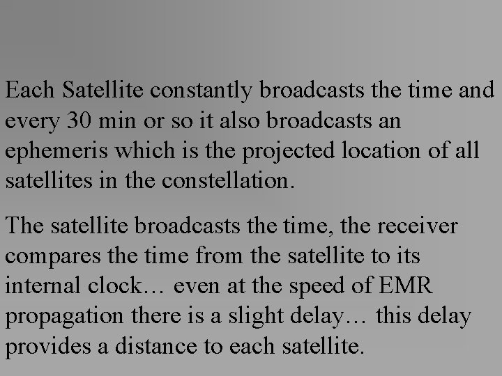 Each Satellite constantly broadcasts the time and every 30 min or so it also