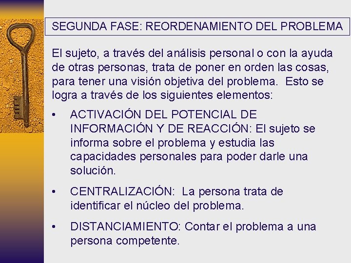 SEGUNDA FASE: REORDENAMIENTO DEL PROBLEMA El sujeto, a través del análisis personal o con SEGUNDA FASE: REORDENAMIENTO DEL PROBLEMA El sujeto, a través del análisis personal o con
