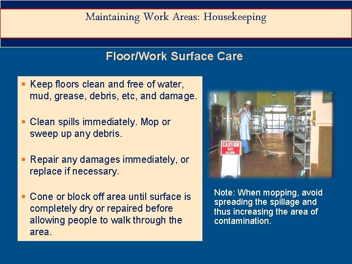 Maintaining Work Areas: Housekeeping Floor/Work Surface Care § Keep floors clean and free of