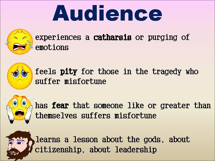 Audience • experiences a catharsis or purging of emotions • feels pity for those