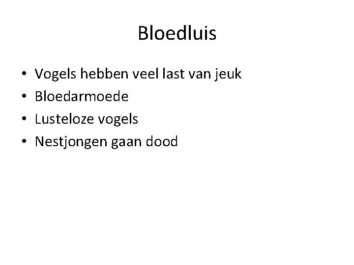 Bloedluis • • Vogels hebben veel last van jeuk Bloedarmoede Lusteloze vogels Nestjongen gaan