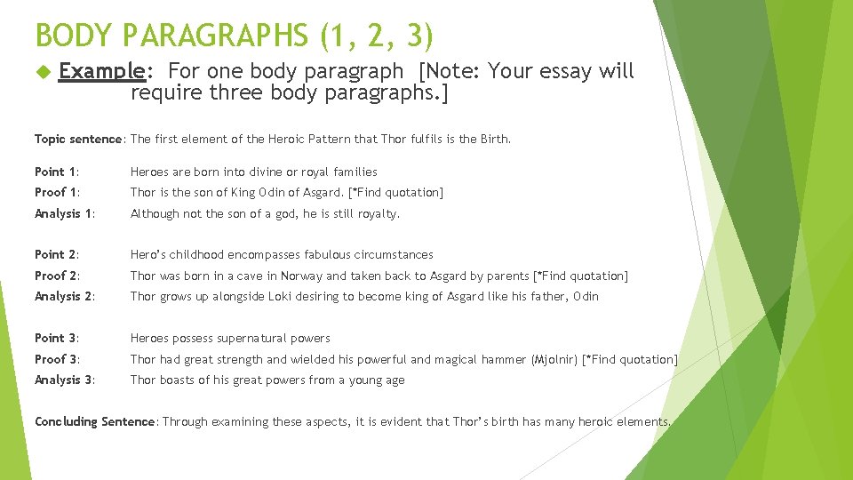 BODY PARAGRAPHS (1, 2, 3) Example: For one body paragraph [Note: Your essay will