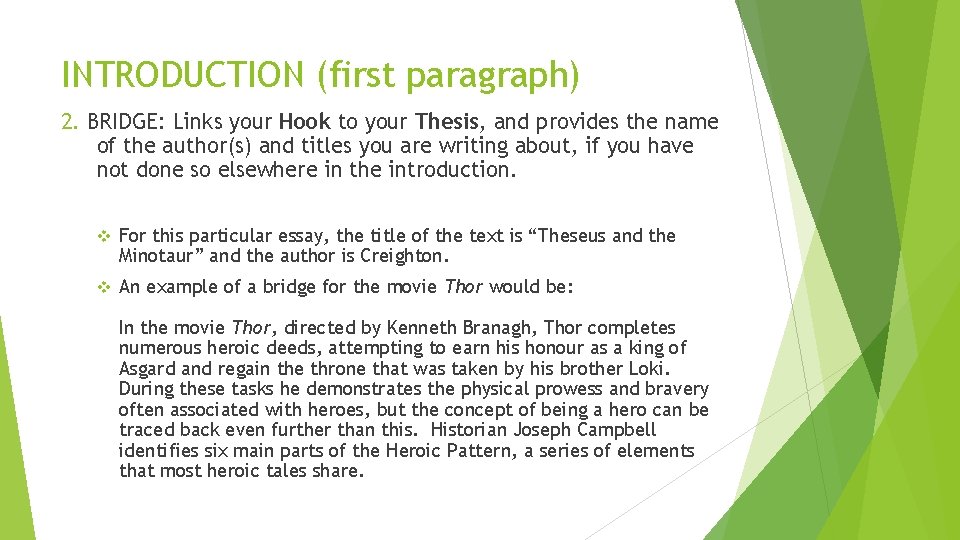 INTRODUCTION (first paragraph) 2. BRIDGE: Links your Hook to your Thesis, and provides the