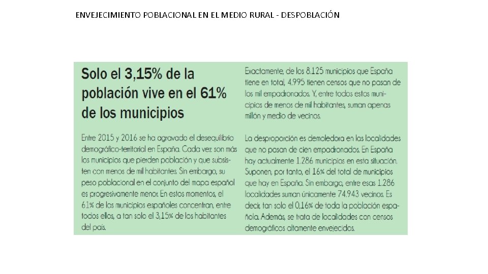 ENVEJECIMIENTO POBLACIONAL EN EL MEDIO RURAL - DESPOBLACIÓN 