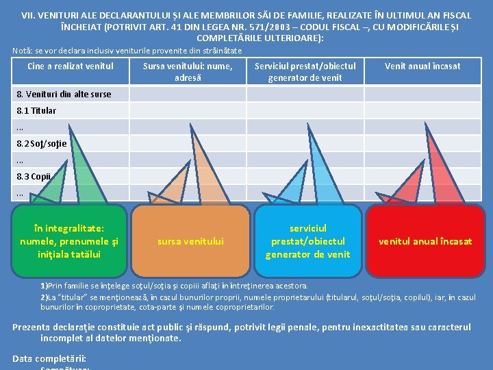 VII. VENITURI ALE DECLARANTULUI ŞI ALE MEMBRILOR SĂI DE FAMILIE, REALIZATE ÎN ULTIMUL AN