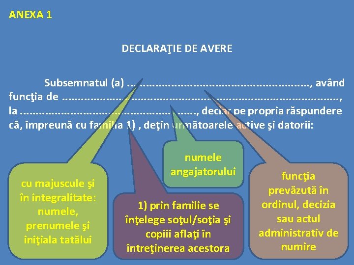 ANEXA 1 DECLARAŢIE DE AVERE Subsemnatul (a). . . . , având funcţia de.