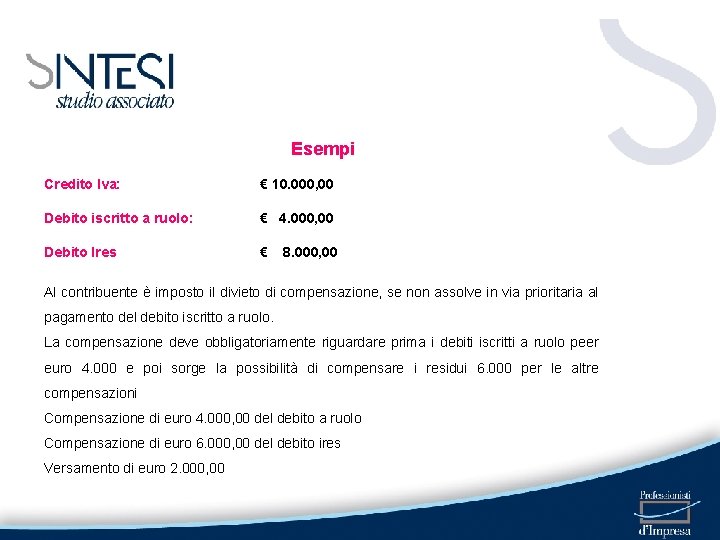 Esempi Credito Iva: € 10. 000, 00 Debito iscritto a ruolo: € 4. 000,