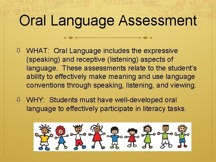 Oral Language Assessment WHAT: Oral Language includes the expressive (speaking) and receptive (listening) aspects